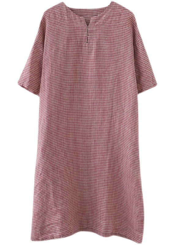 Elegant Red Pockets Plaid Cotton Vacation Dresses Short Sleeve