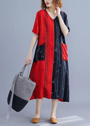 Elegant Red Print Cotton Patchwork Summer Dress - bagstylebliss