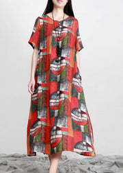 Elegant Red Print Linen Dress Pockets - bagstylebliss