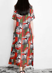 Elegant Red Print Linen Dress Pockets - bagstylebliss