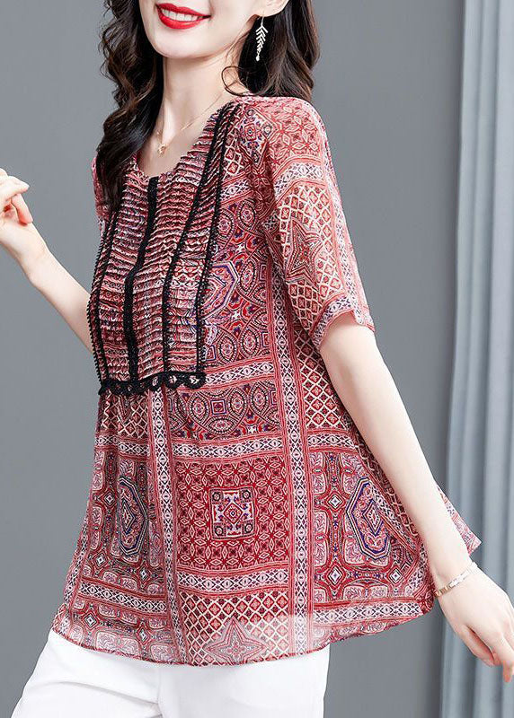 Elegant Red Print Wrinkled Chiffon Blouse Top Summer