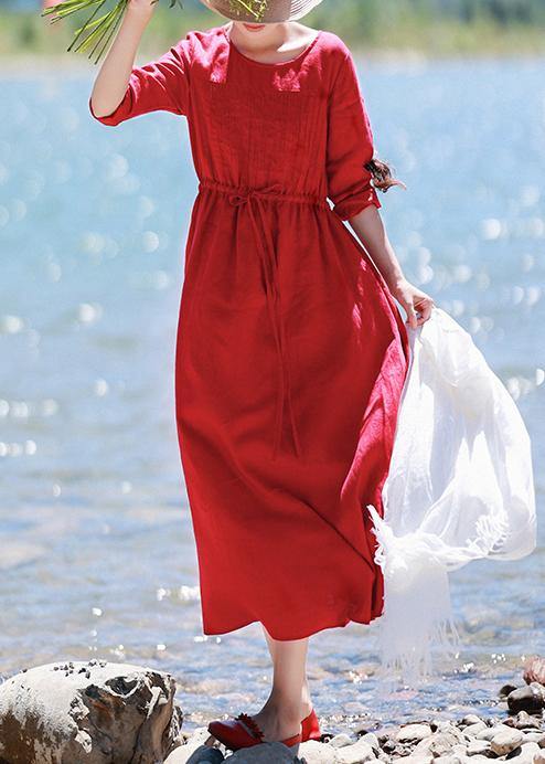 Elegant Red Quilting Clothes O Neck Drawstring Kaftan Spring Dresses - bagstylebliss