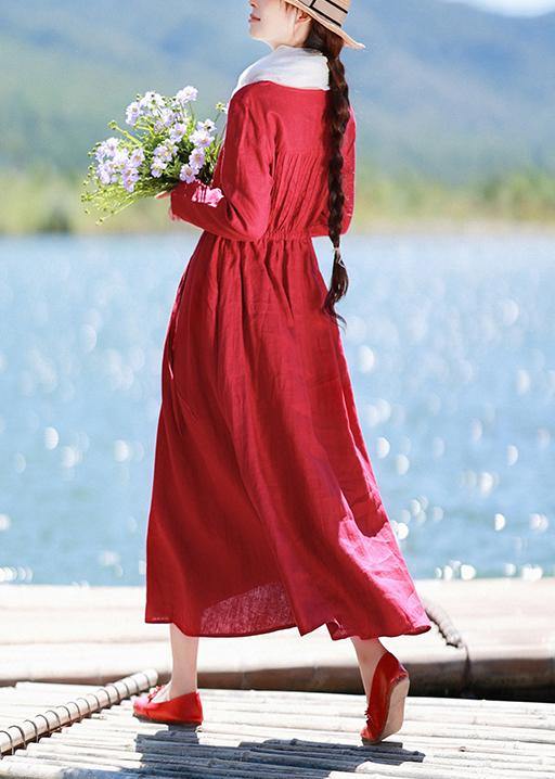 Elegant Red Quilting Clothes O Neck Drawstring Kaftan Spring Dresses - bagstylebliss