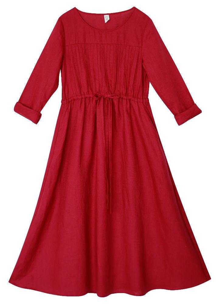 Elegant Red Quilting Clothes O Neck Drawstring Kaftan Spring Dresses - bagstylebliss