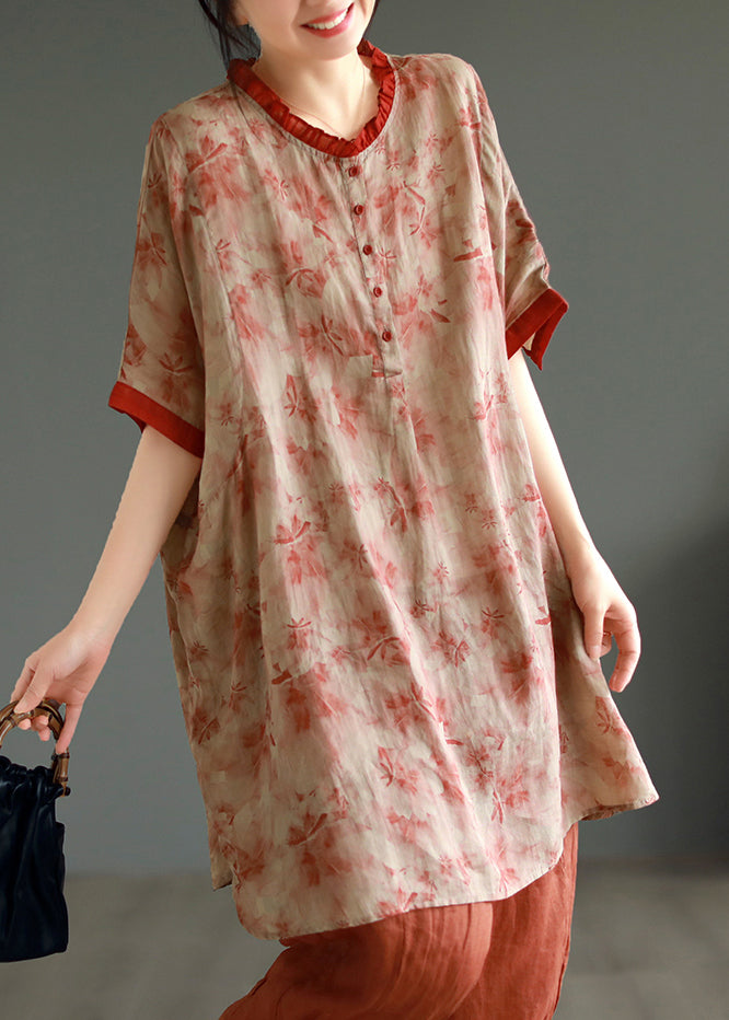 Elegant Red Ruffled Print Patchwork Linen Mid Dress Summer