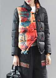 Elegant Red Stand Collar Pockets Print asymmetrical design Winter down coat