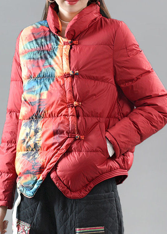 Elegant Red Stand Collar Pockets Print asymmetrical design Winter down coat