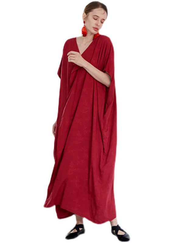 Elegant Red V Neck Jacquard Patchwork Cotton Robe Dresses Summer