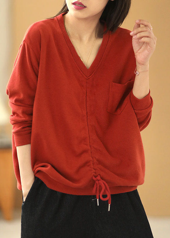 Elegant Red V Neck Pockets Drawstring Fall Loose Sweatshirts Top