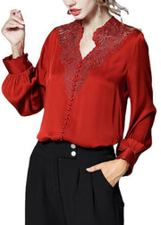 Elegant Red V Neck button Embroidered Patchwork Silk Shirt Top Spring