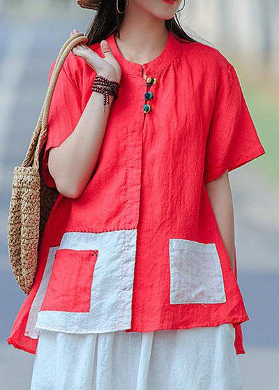 Elegant Red for women Omychic Cotton Literary Summer Cardigan Short Sleeve Shirt - bagstylebliss