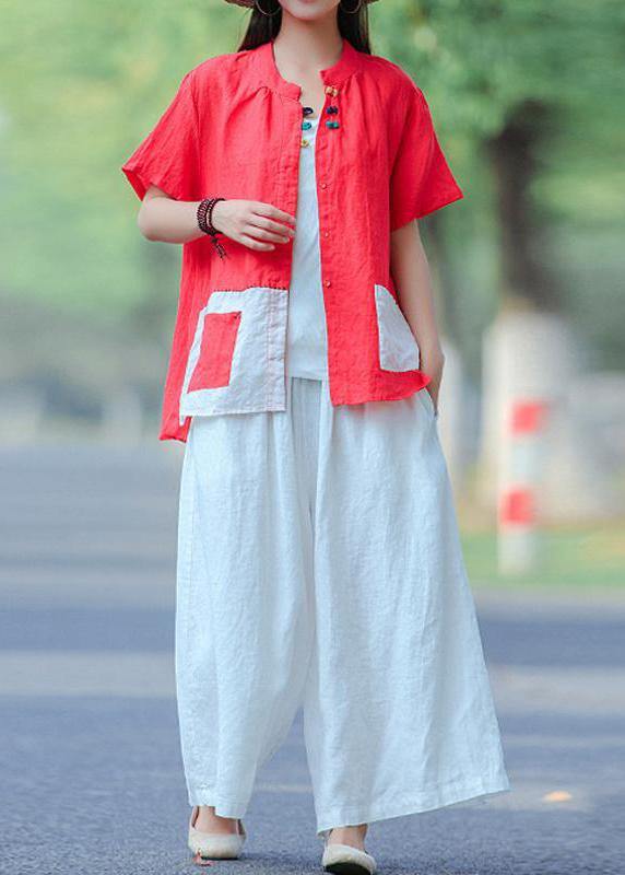 Elegant Red for women Omychic Cotton Literary Summer Cardigan Short Sleeve Shirt - bagstylebliss