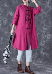 Elegant Rose Chinese Button Side Open Linen Long Shirts Fall