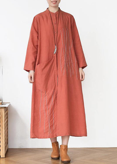 Elegant Rubber red Pockets Linen long clothes Spring Trench - bagstylebliss