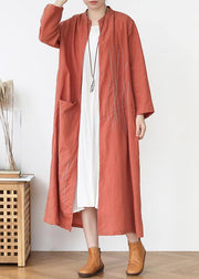 Elegant Rubber red Pockets Linen long clothes Spring Trench - bagstylebliss
