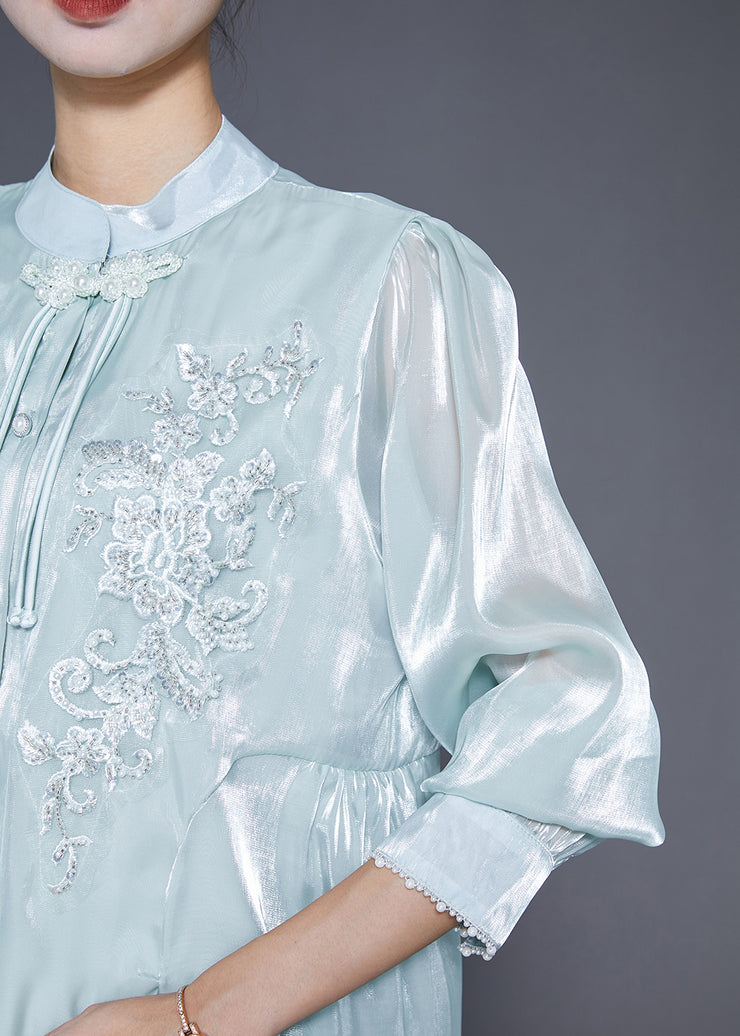 Elegant Sky Blue Tasseled Embroidered Silk Blouses Fall