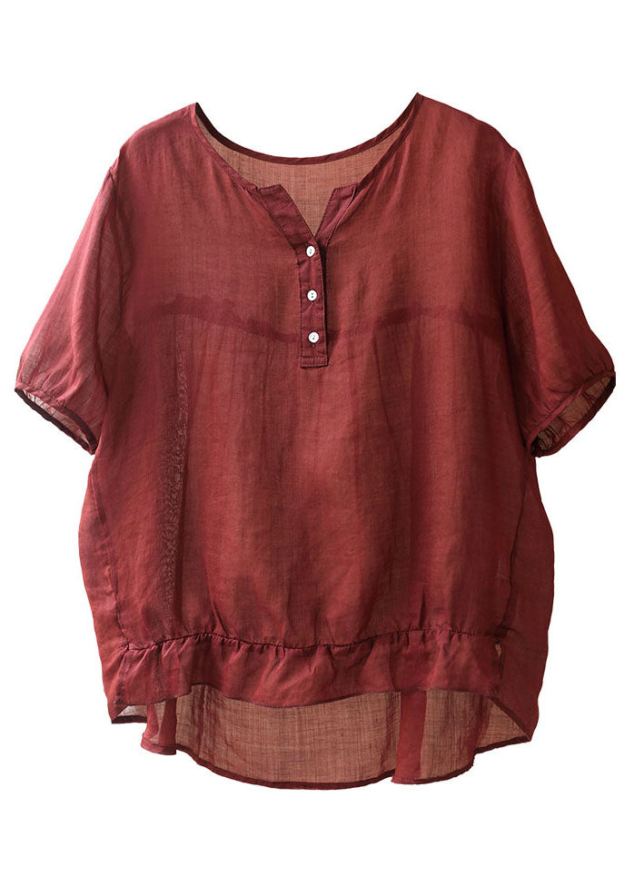 Elegant Solid Red V Neck Wrinkled Low High Design Linen Shirts Short Sleeve