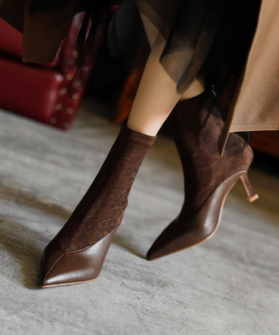 Elegant Splicing High Heel Boots Brown Cowhide Leather