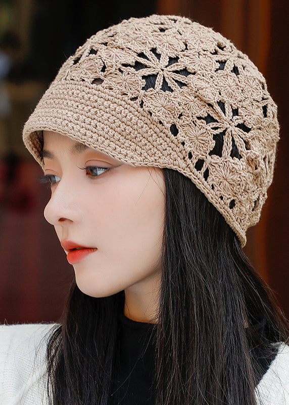 Elegant Spring And Autumn Coffee Hollow Knitted Short Eave Hat