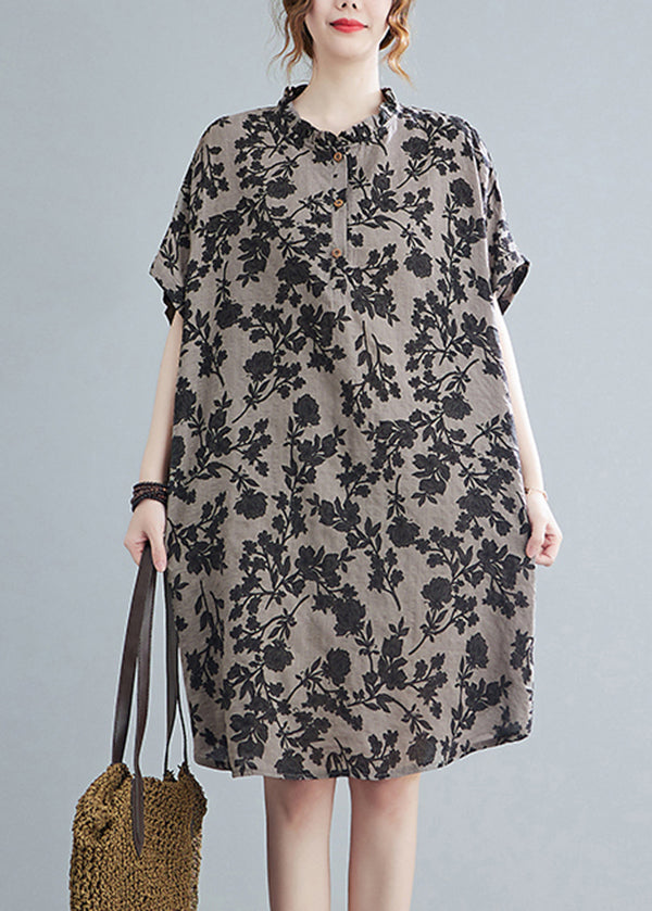 Elegant Stand Collar Button Print Linen Dress Short Sleeve