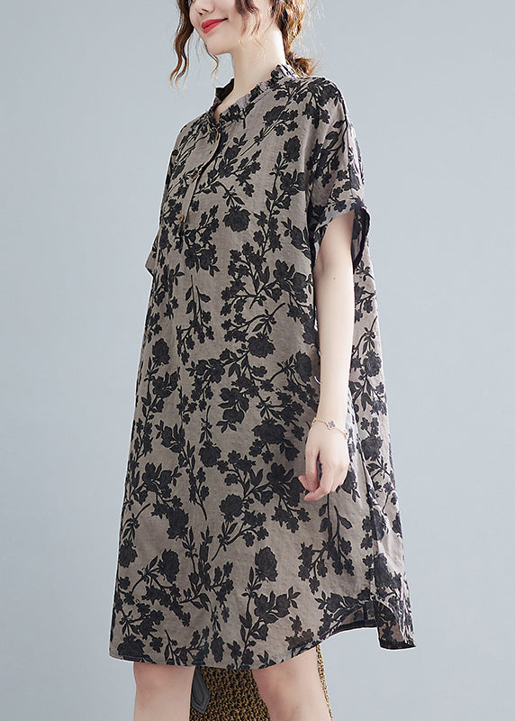 Elegant Stand Collar Button Print Linen Dress Short Sleeve