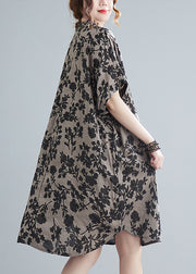 Elegant Stand Collar Button Print Linen Dress Short Sleeve