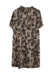 Elegant Stand Collar Button Print Linen Dress Short Sleeve