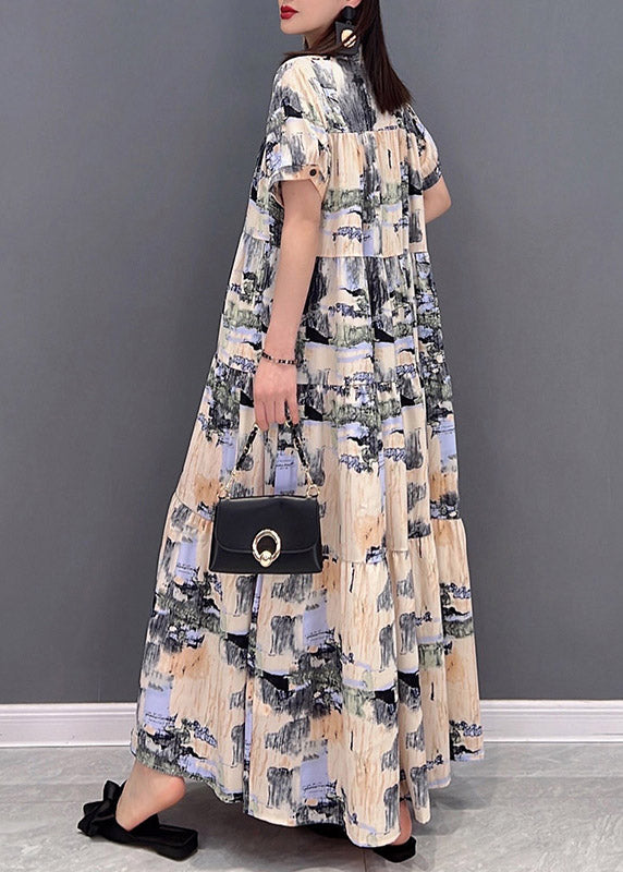 Elegant Stand Collar Button Print Patchwork Wrinkled Chiffon Long Dress Short Sleeve