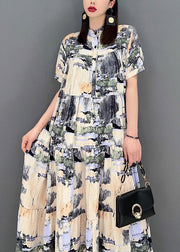 Elegant Stand Collar Button Print Patchwork Wrinkled Chiffon Long Dress Short Sleeve