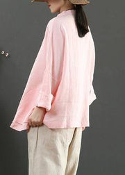 Elegant Stand Collar Pockets Spring Blouse Wardrobes Pink Blouse - bagstylebliss