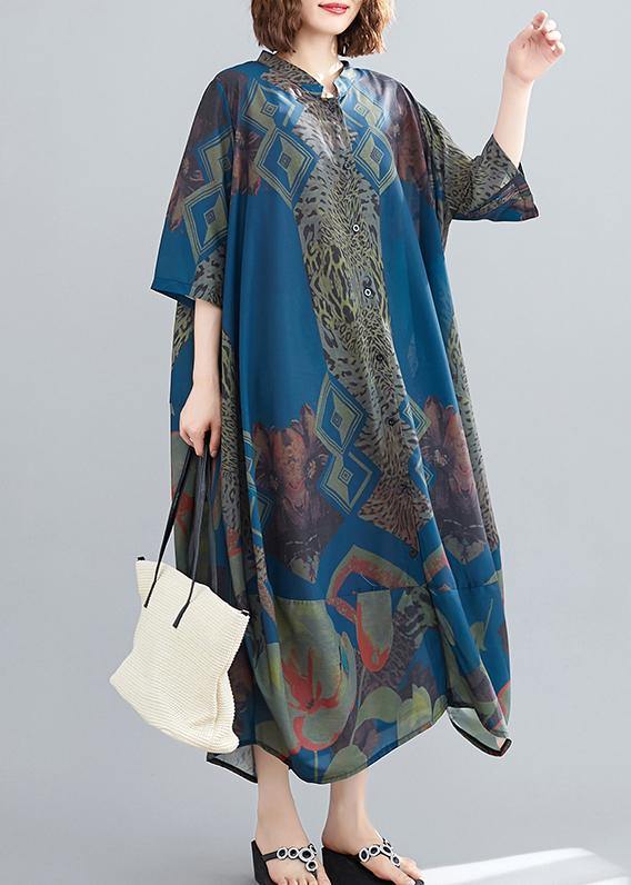 Elegant Stand Collar Summer Tunics Blue Abstract Pattern Long Dress - bagstylebliss