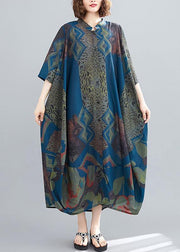 Elegant Stand Collar Summer Tunics Blue Abstract Pattern Long Dress - bagstylebliss