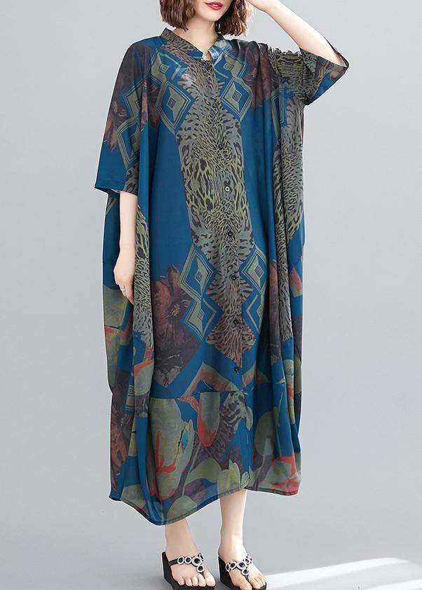 Elegant Stand Collar Summer Tunics Blue Abstract Pattern Long Dress - bagstylebliss