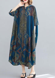 Elegant Stand Collar Summer Tunics Blue Abstract Pattern Long Dress - bagstylebliss