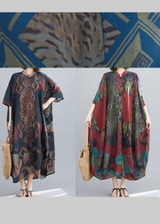 Elegant Stand Collar Summer Tunics Blue Abstract Pattern Long Dress - bagstylebliss