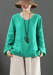 Elegant V Neck Embroidery Spring Tops Women Neckline Green Shirt - bagstylebliss