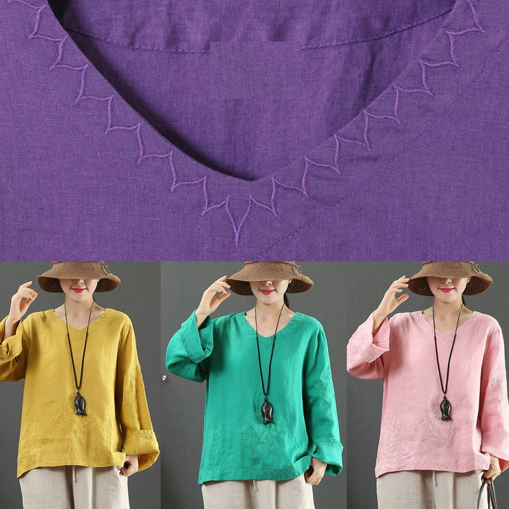 Elegant V Neck Embroidery Spring Tops Women Neckline Green Shirt - bagstylebliss