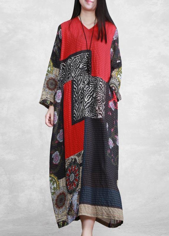 Elegant V Neck Long Sleeve Spring Tunic Pattern Outfits Print Kaftan Dresses - bagstylebliss