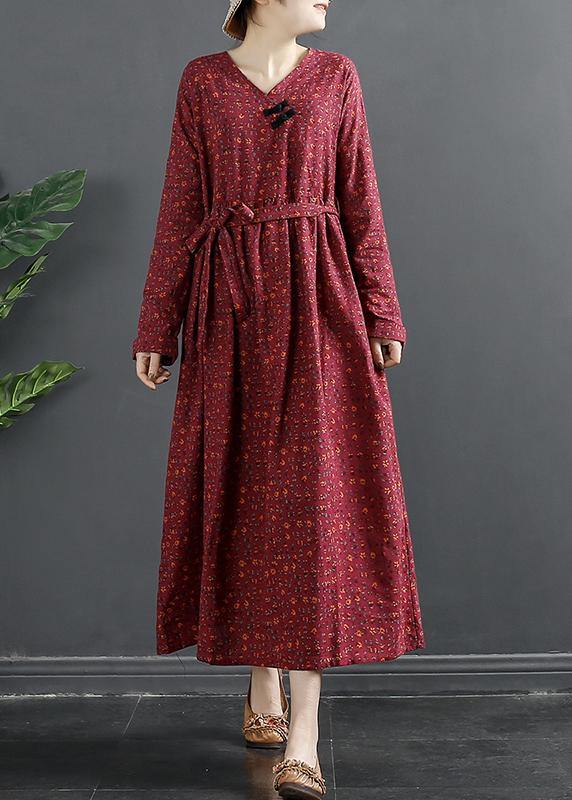 Elegant V Neck Quilting Dresses Shape Red Print Long Dress - bagstylebliss