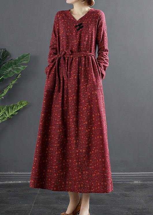 Elegant V Neck Quilting Dresses Shape Red Print Long Dress - bagstylebliss