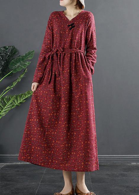 Elegant V Neck Quilting Dresses Shape Red Print Long Dress - bagstylebliss