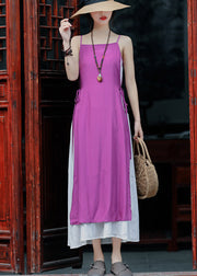 Elegant Violet Tie Waist Cotton Fake Two Piece Spaghetti Strap Dress Summer