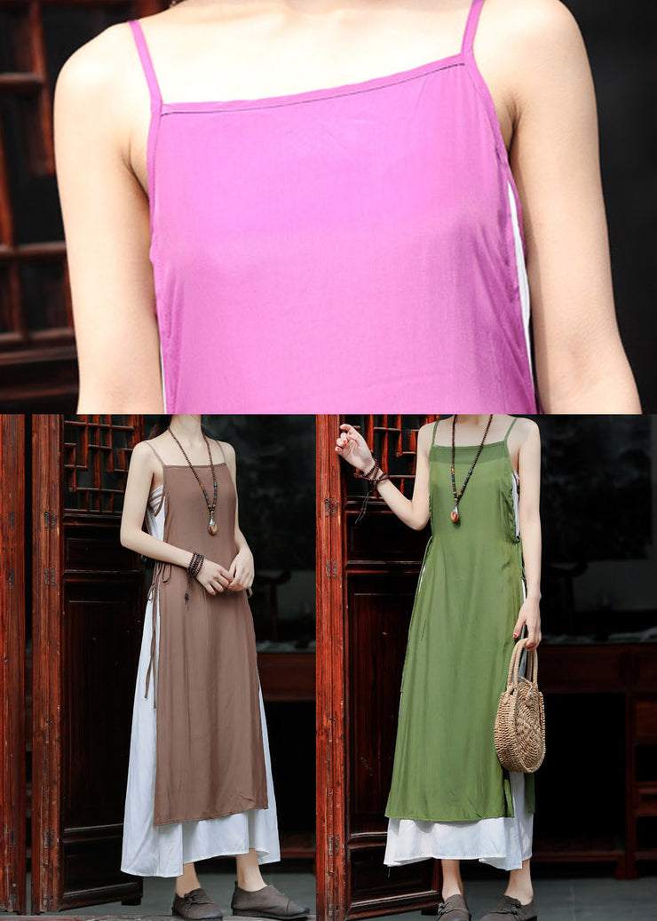 Elegant Violet Tie Waist Cotton Fake Two Piece Spaghetti Strap Dress Summer