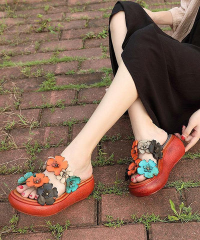 Elegant Wedge Orange Cowhide Leather Slide Sandals - bagstylebliss