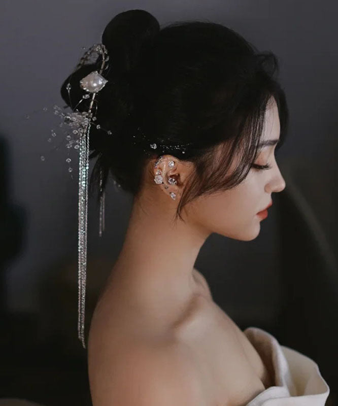 Elegant White Alloy Crystal Pearl Floral Tassel Hairpin