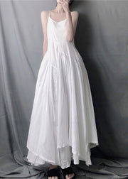 Elegant White Asymmetrical Layered Wrinkled Spaghetti Strap Long Dress Sleeveless