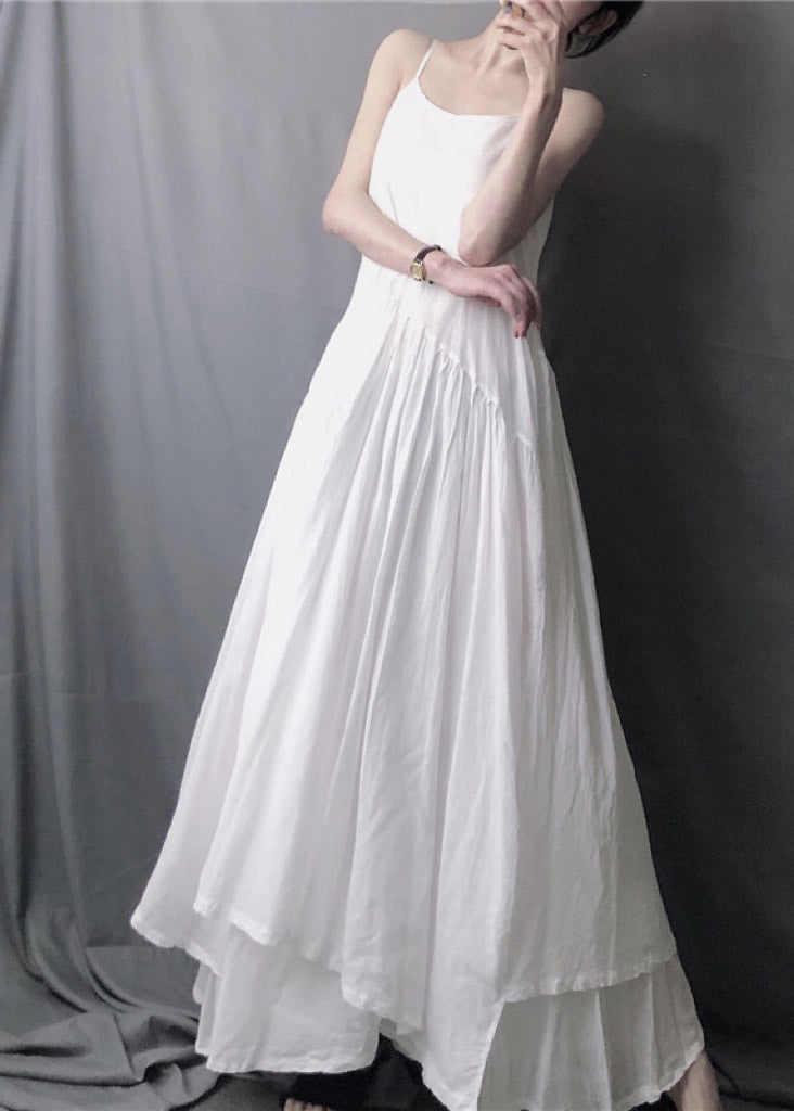 Elegant White Asymmetrical Layered Wrinkled Spaghetti Strap Long Dress Sleeveless