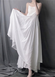 Elegant White Asymmetrical Layered Wrinkled Spaghetti Strap Long Dress Sleeveless