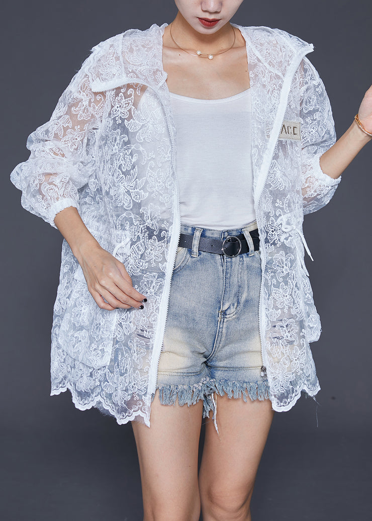 Elegant White Embroidered Drawstring Pockets Cotton Coat Outwear Fall
