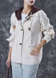 Elegant White Hooded Patchwork Ruffled Woolen Coats Spring